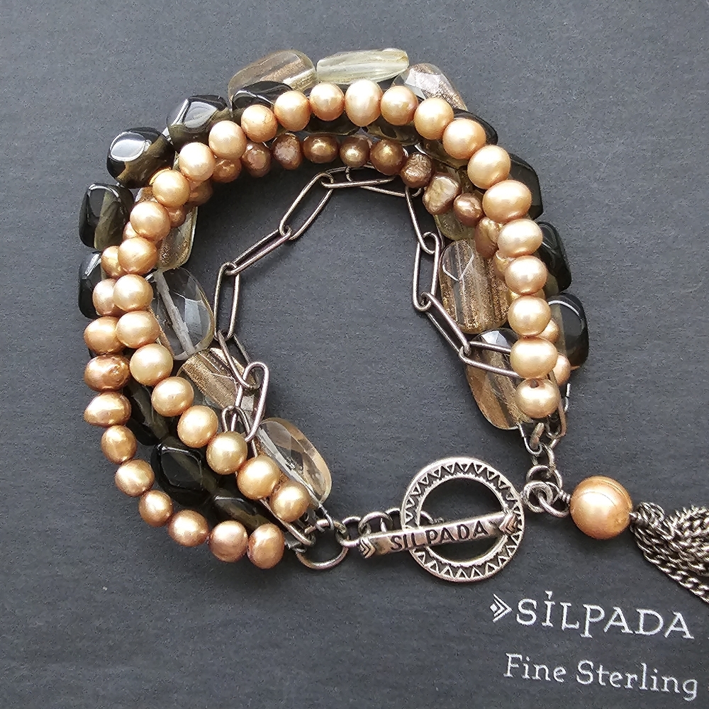 *Firm* Silpada Silver Pearl Smoky Quartz Sunstone Multi Strand Bracelet B1412